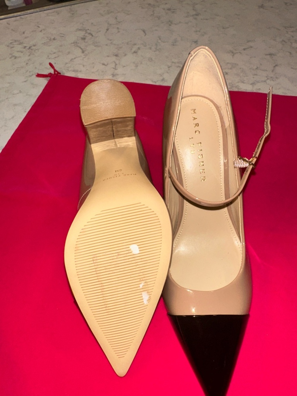 Marc Fisher Beige Patent Pointed-Toe Pumps with Black Cap Toe - Picture 4 of 5